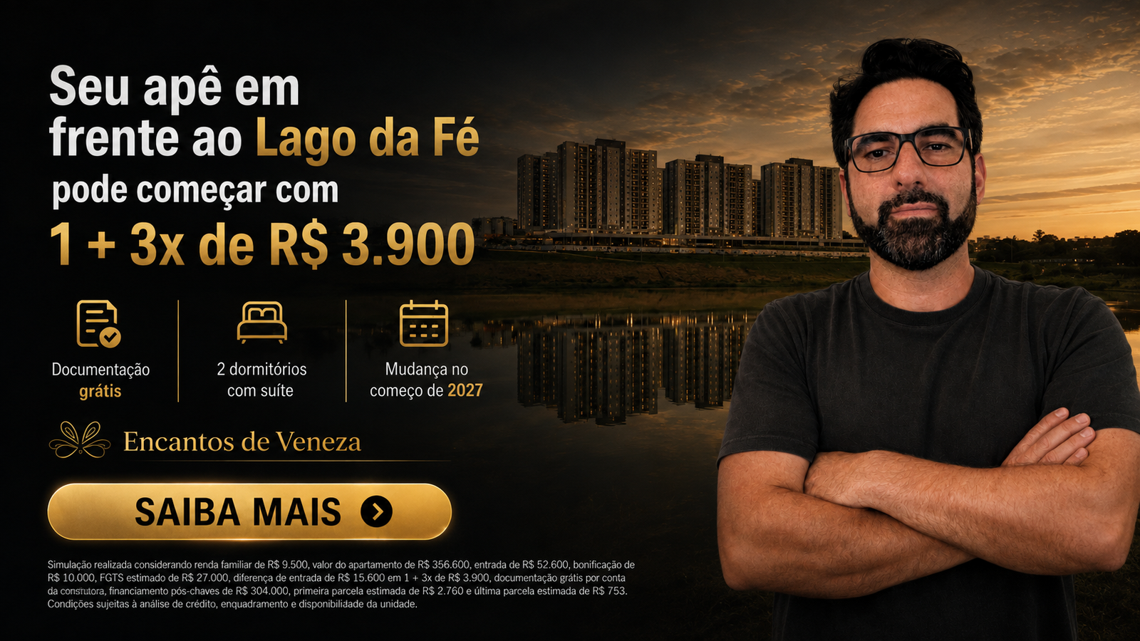 Seu apê em frente ao Lago da Fé pode começar com 1 + 3x de R$ 3.900, documentação grátis, 2 dormitórios com suíte, mudança no começo de 2027