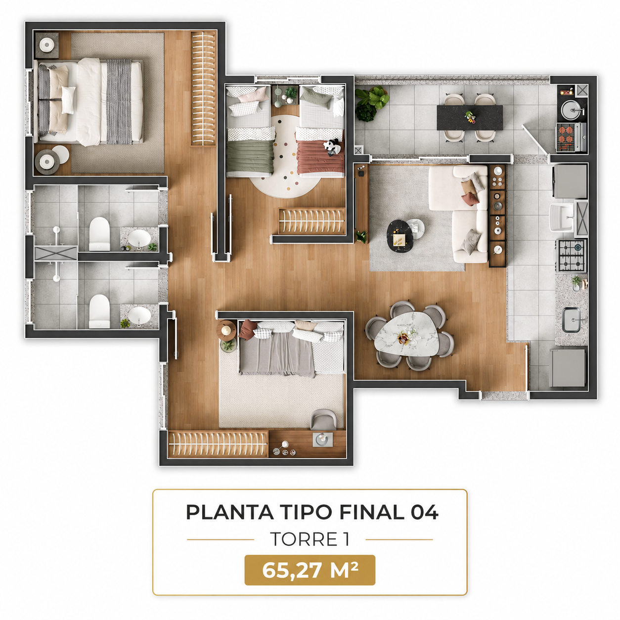 Planta de apartamento de 3 dormitórios com suíte no Portal Encantos de Veneza