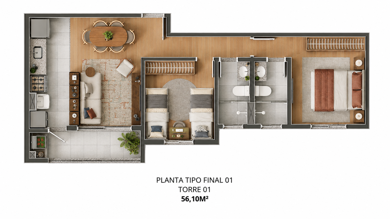 Planta de apartamento de 2 dormitórios de ponta no Portal Encantos de Veneza