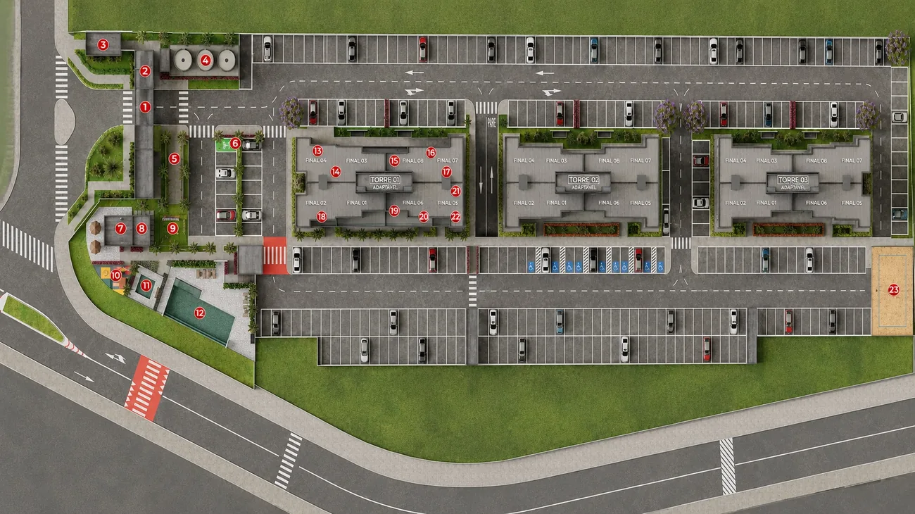 Implantação do Portal Encantos de Veneza com as 3 torres, estacionamento e áreas comuns